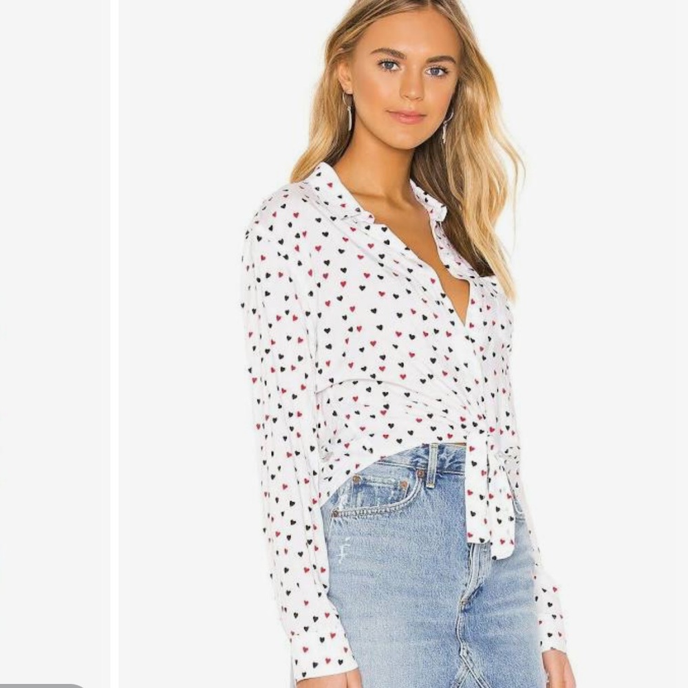 Rails Women’s Val Heart Print Button Front Tie Waist White Shirt